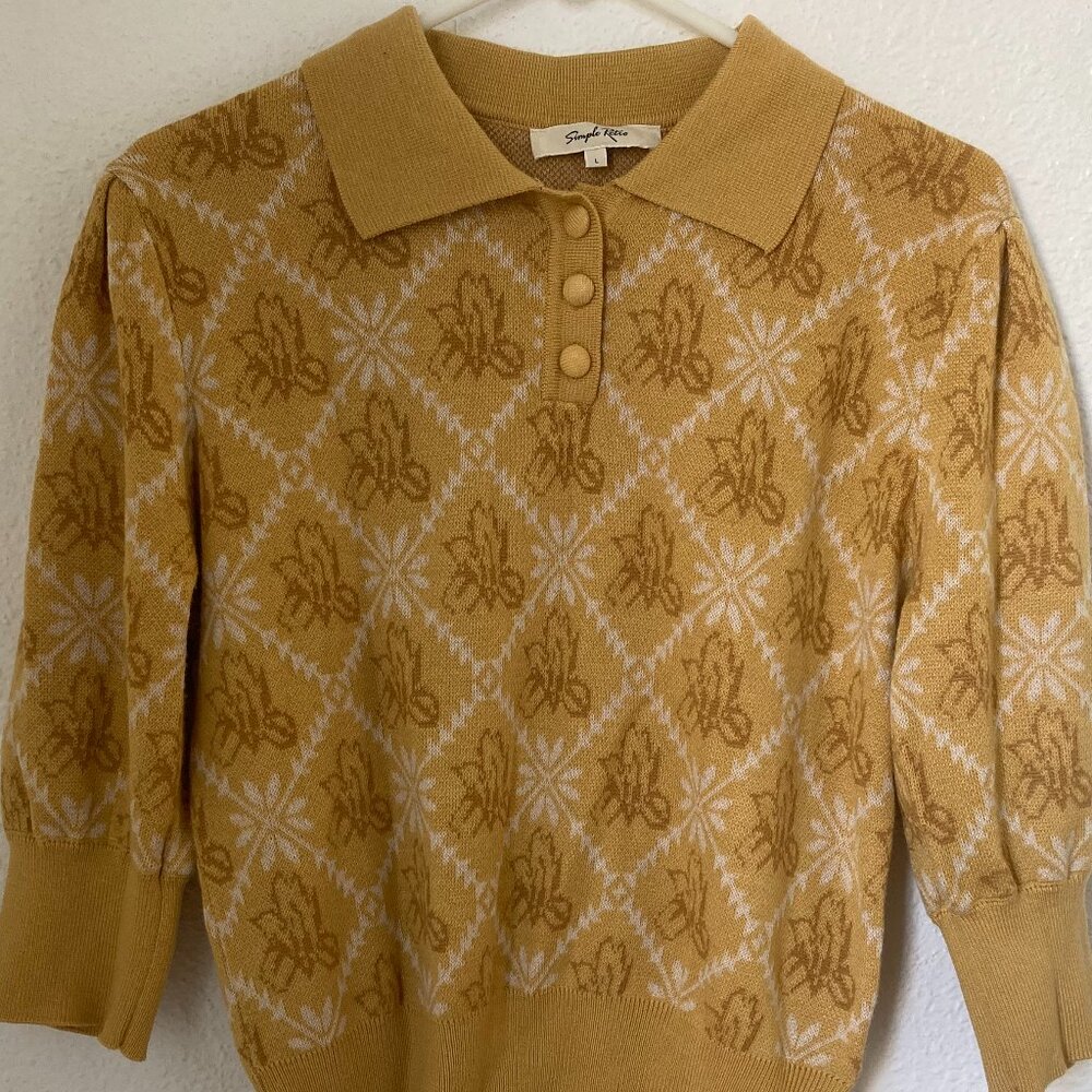Simple Retro Polo Collar Floral Knit Top, Mustard, Size M/L